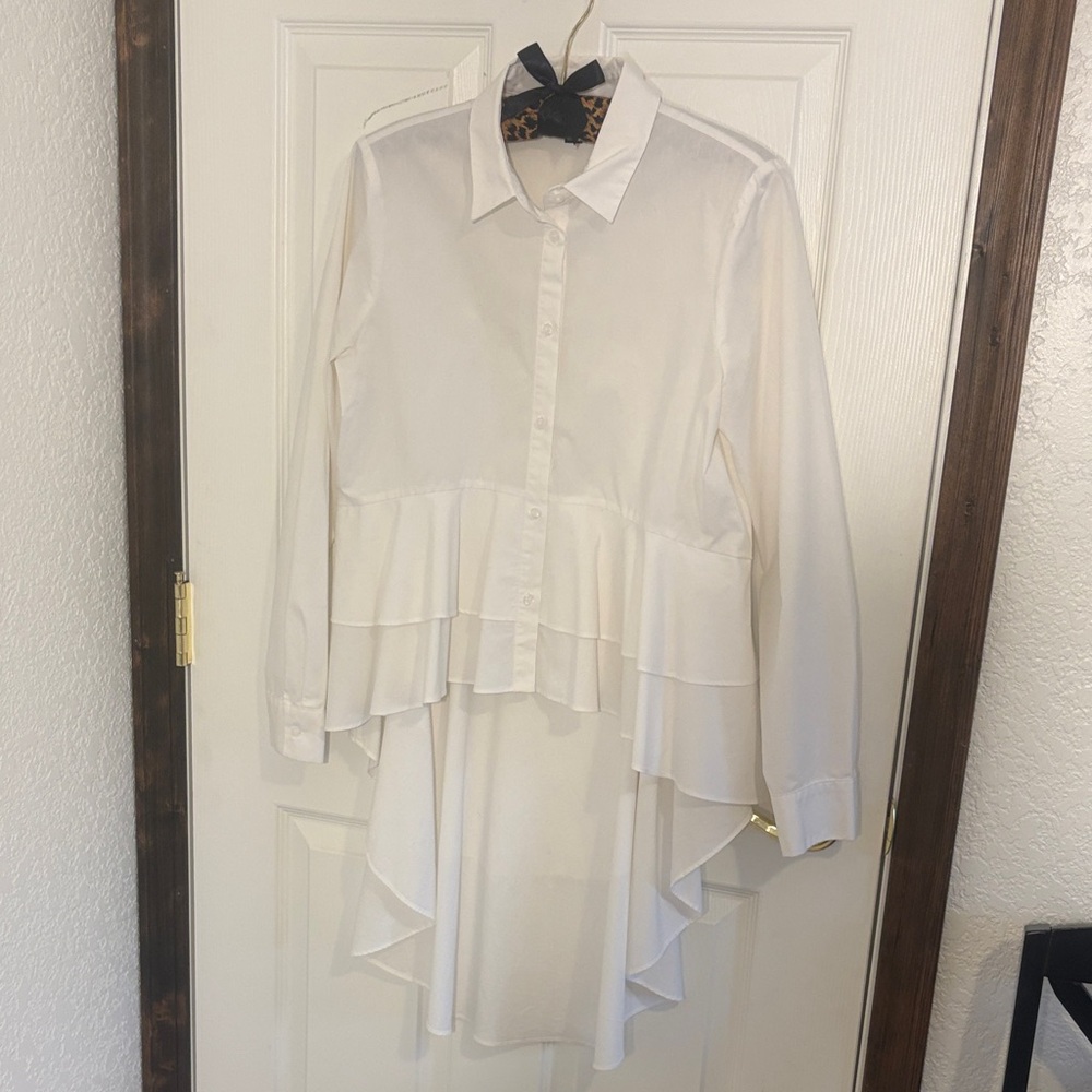 Tiered High-Low Button-Up Blouse with Draped Tail